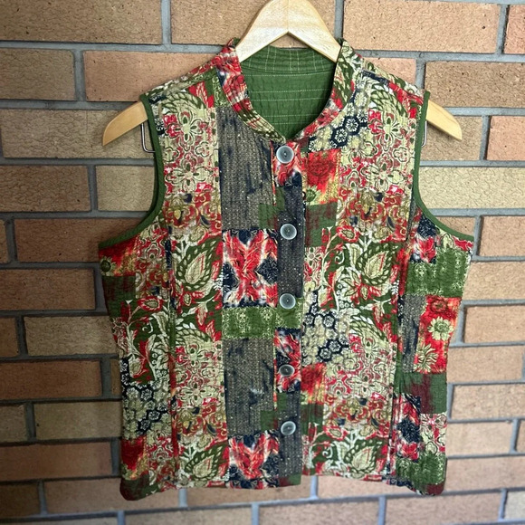 Olive Red Yellow Patchwork Print Quilted Reversible Boho Vest Floral Fall - Picture 1 of 8